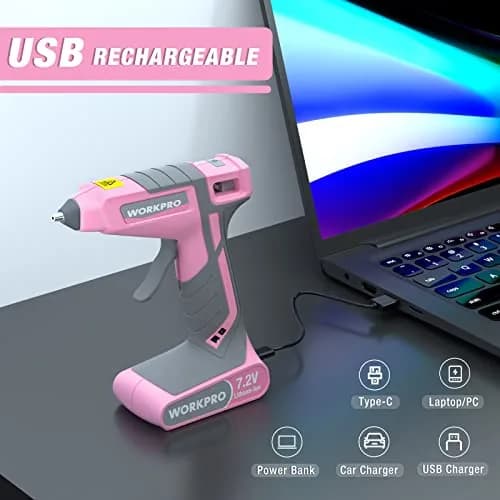 WORKPRO Pink Cordless Hot Melt Glue Gun 7.2V | Fast Preheating, Rechargeable, Safe for Crafts & Repairs thumbnail 5