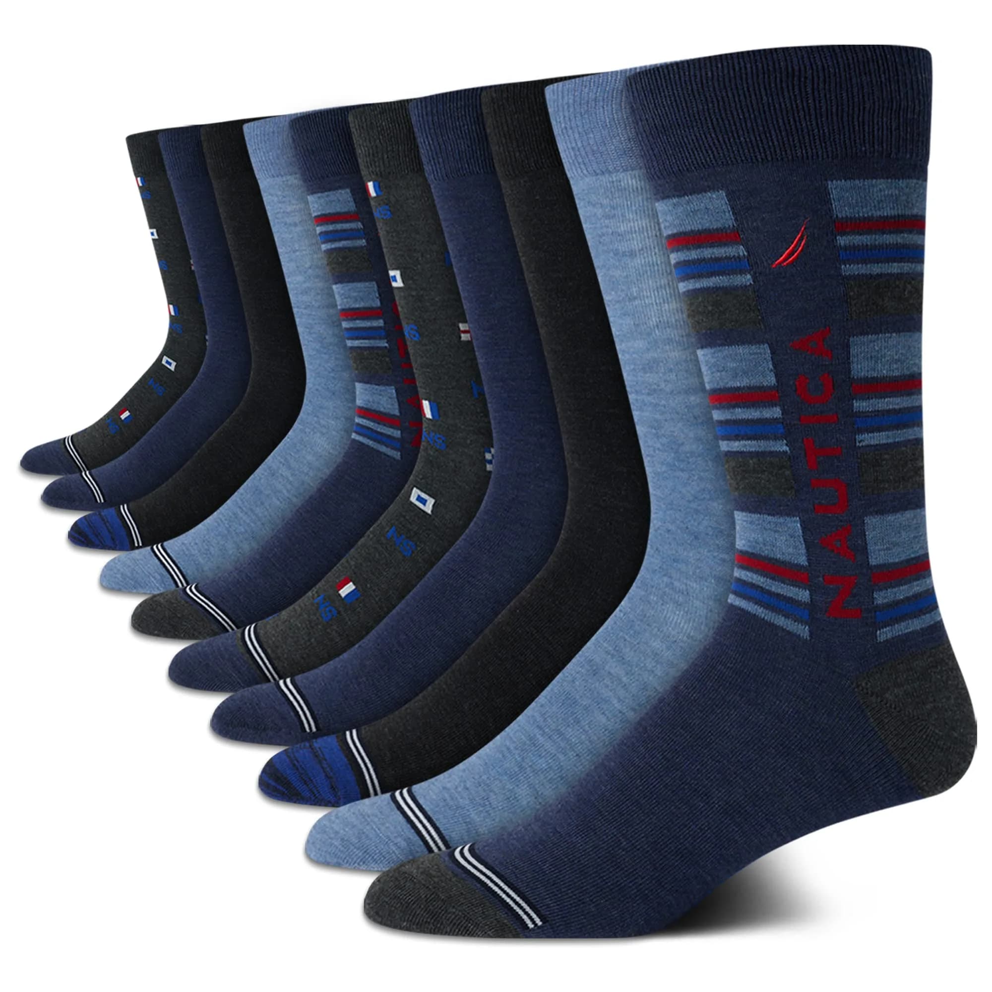 Nautica Mens Dress Socks Business Formal Comfort Stretch Crew Socks 10 Pack | Breathable, Reinforced Toe & Heel, Mid-Calf Length — Blue Multi Print / 6-12.5