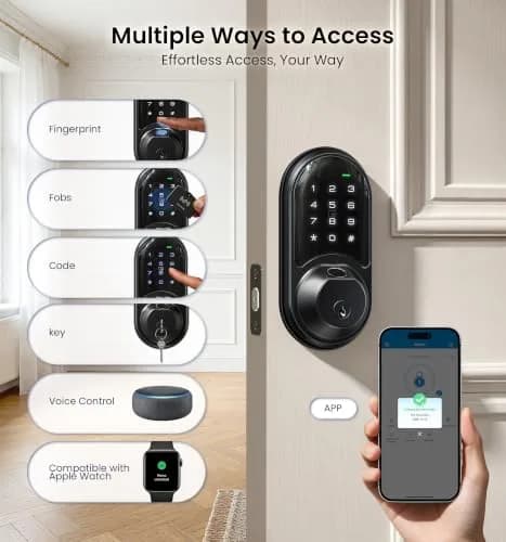 Veise RZ07 Fingerprint Smart Door Lock Deadbolt | App Control, Matte Black, IP54 thumbnail 2