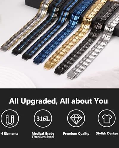 Feraco Magnetic Therapy Bracelet Titanium Steel Double Row 4 Elements Magnets 22cm (8.66 inch) | Hypoallergenic & Adjustable thumbnail 6