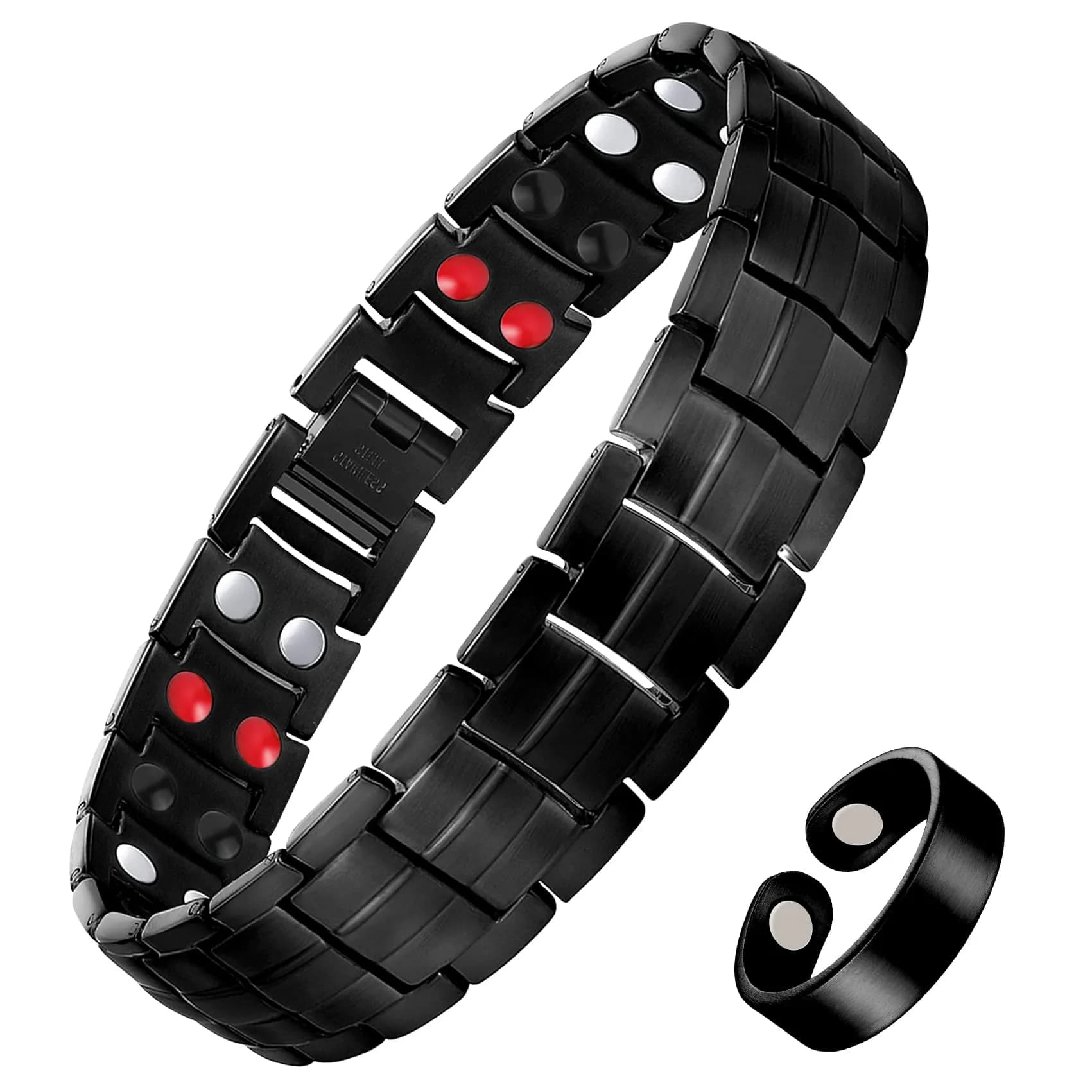 Feraco Magnetic Therapy Bracelet Black Titanium Steel Double Row 4 Elements | Classic Style — Black with Ring