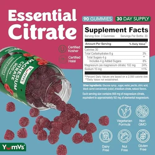YUM-V'S Magnesium Citrate Gummies 900 mg | Raspberry Flavor, 90 Count, 2-Pack | Supports Nerve & Muscle Function thumbnail 3