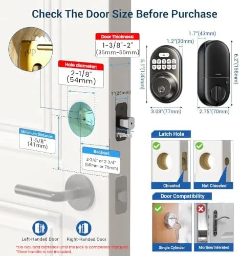 Veise RZ-A Electronic Deadbolt Door Lock, Matte Black | Keyless Entry & Auto Lock thumbnail 7