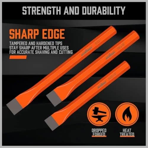 HORUSDY Heavy Duty Cold Chisels Set 3-Piece (8", 10", 12") with Roll Pouch | Cr-V Steel for Metalworking & Masonry thumbnail 5