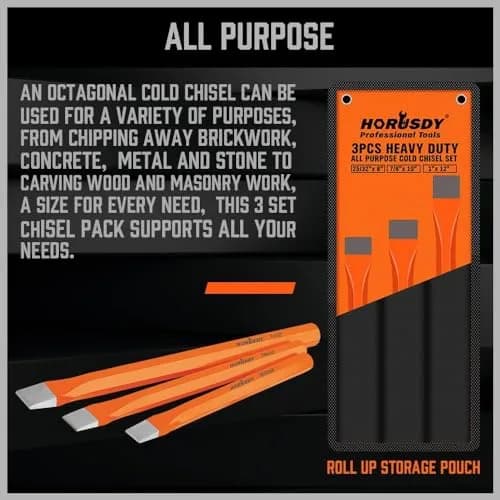 HORUSDY Heavy Duty Cold Chisels Set 3-Piece (8", 10", 12") with Roll Pouch | Cr-V Steel for Metalworking & Masonry thumbnail 7