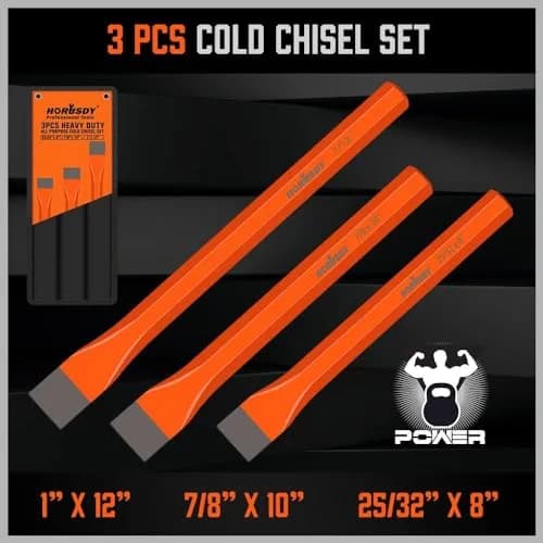 HORUSDY Heavy Duty Cold Chisels Set 3-Piece (8", 10", 12") with Roll Pouch | Cr-V Steel for Metalworking & Masonry thumbnail 3