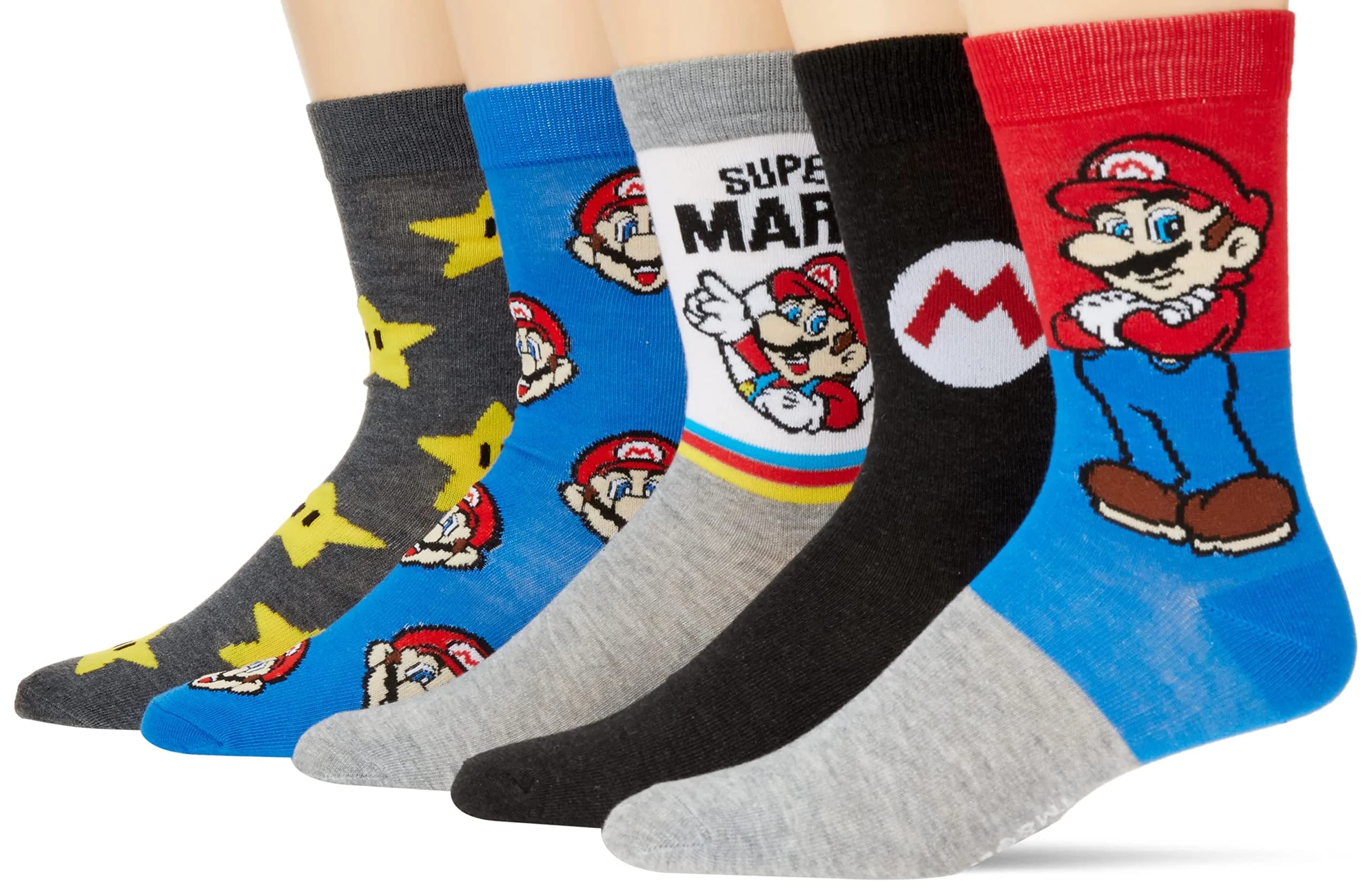 Nintendo Super Mario 5 Pack Crew Socks | Cartoon Character Socks for Men & Adults (Size 10-13, Polyester Blend) — Grey Multi