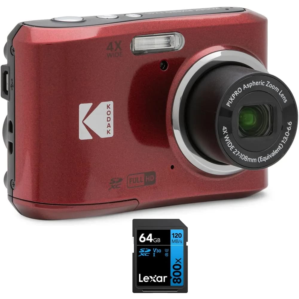 Kodak PIXPRO FZ45WH 16MP Digital Camera with 64GB SD Card | 4x Optical Zoom, 1080p FHD Video — Red