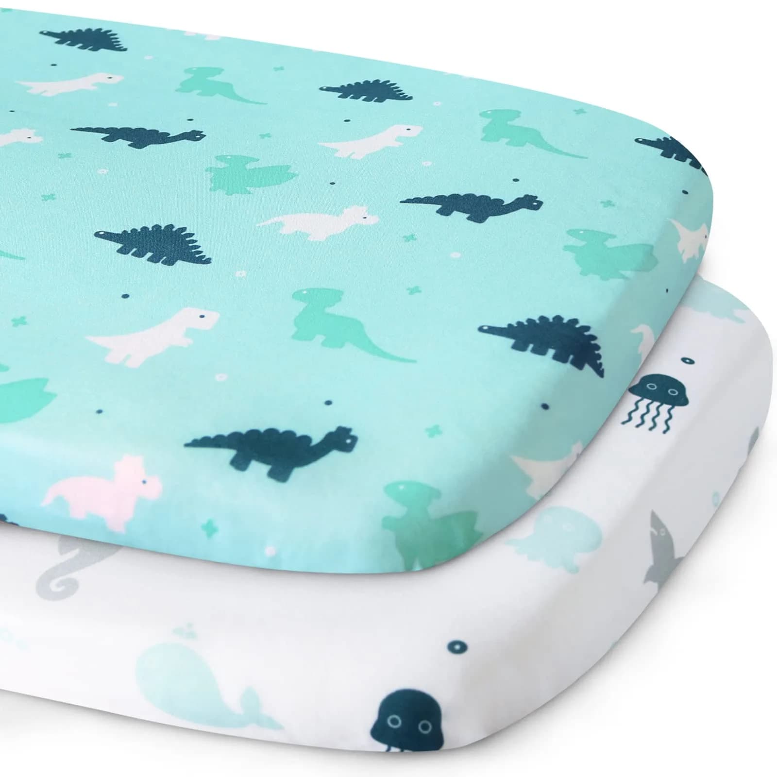 SPRINGSPIRIT Bassinet Sheets 2 Pack, Aqua Animal Print | Universal Fit for Rectangle, Oval, Hourglass Bassinet Mattress