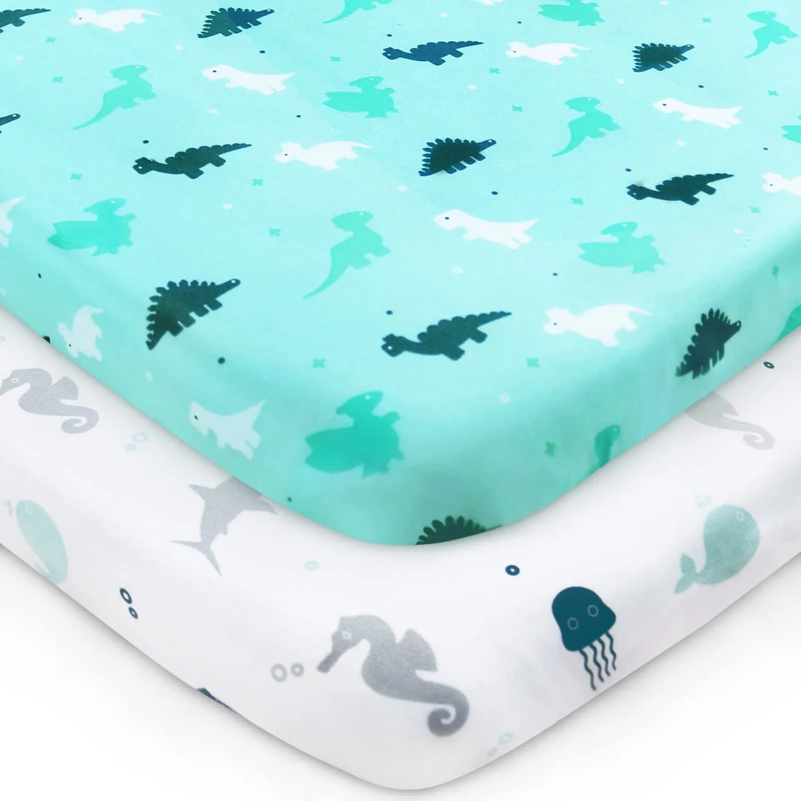 SPRINGSPIRIT Pack and Play Sheets 2-Pack | Aqua Dinosaurs & Ocean Print, 39"x27"x5" (99cm x 69cm x 13cm)