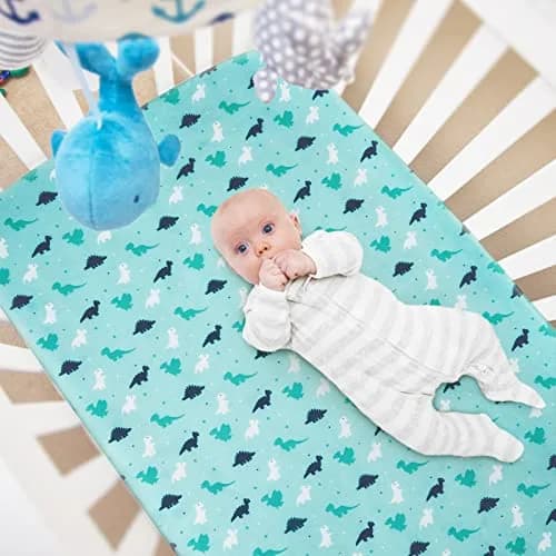 SPRINGSPIRIT Pack and Play Sheets 2-Pack | Aqua Dinosaurs & Ocean Print, 39"x27"x5" (99cm x 69cm x 13cm) thumbnail 2