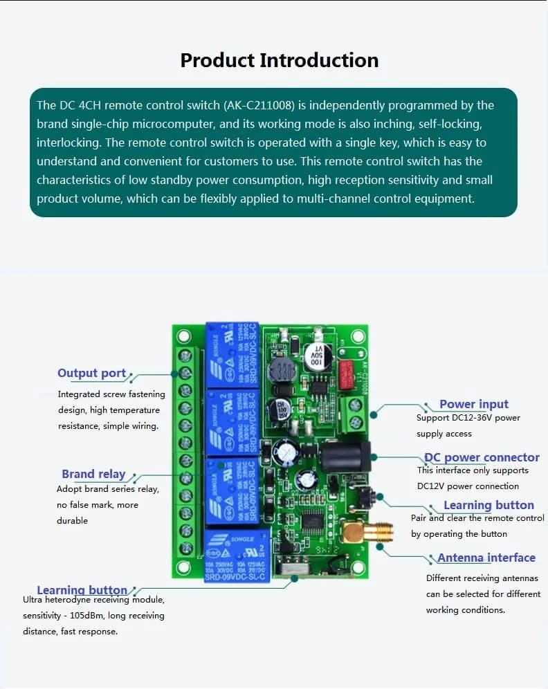 Kaleinavi Wireless Remote Control 4-Channel 12V-36V | Industrial RF Switch with 6 Modes thumbnail 3