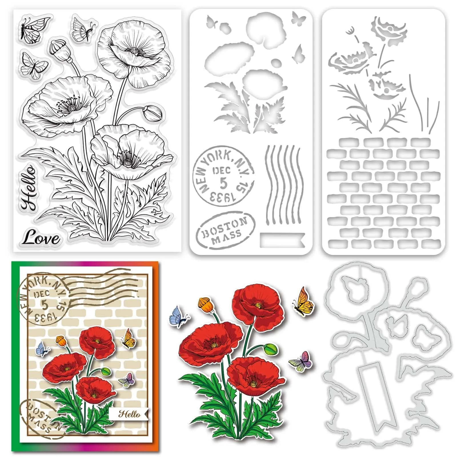 ORIGACH Daisy Flower Stamps and Dies and Layering Stencil Set, Silicone & Metal, 7.9x7.9 inch | DIY Card & Scrapbook Craft — Corn Poppy