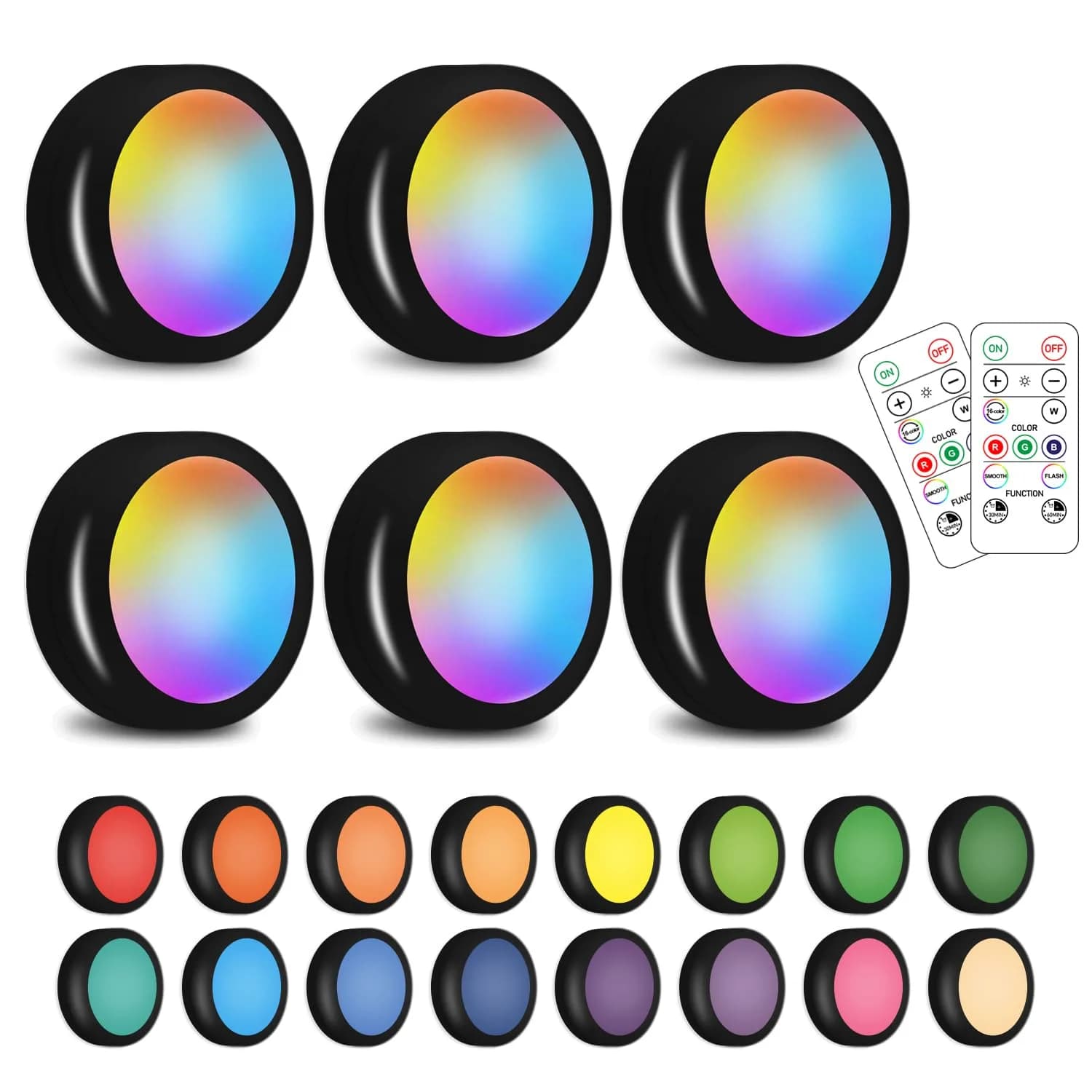 SIXDEFLY Wireless LED Puck Lights 6 Pack, 16 Color Changing, 40mm (1.57in) Diameter, Remote Control, Battery Powered