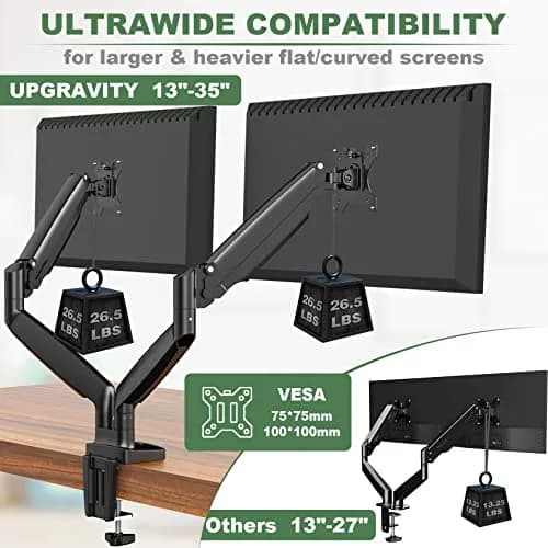 UPGRAVITY Gas Spring Dual Monitor Desk Mount for 22-34" Ultrawide Screens | Fully Adjustable, Supports 26.5lbs per arm thumbnail 2