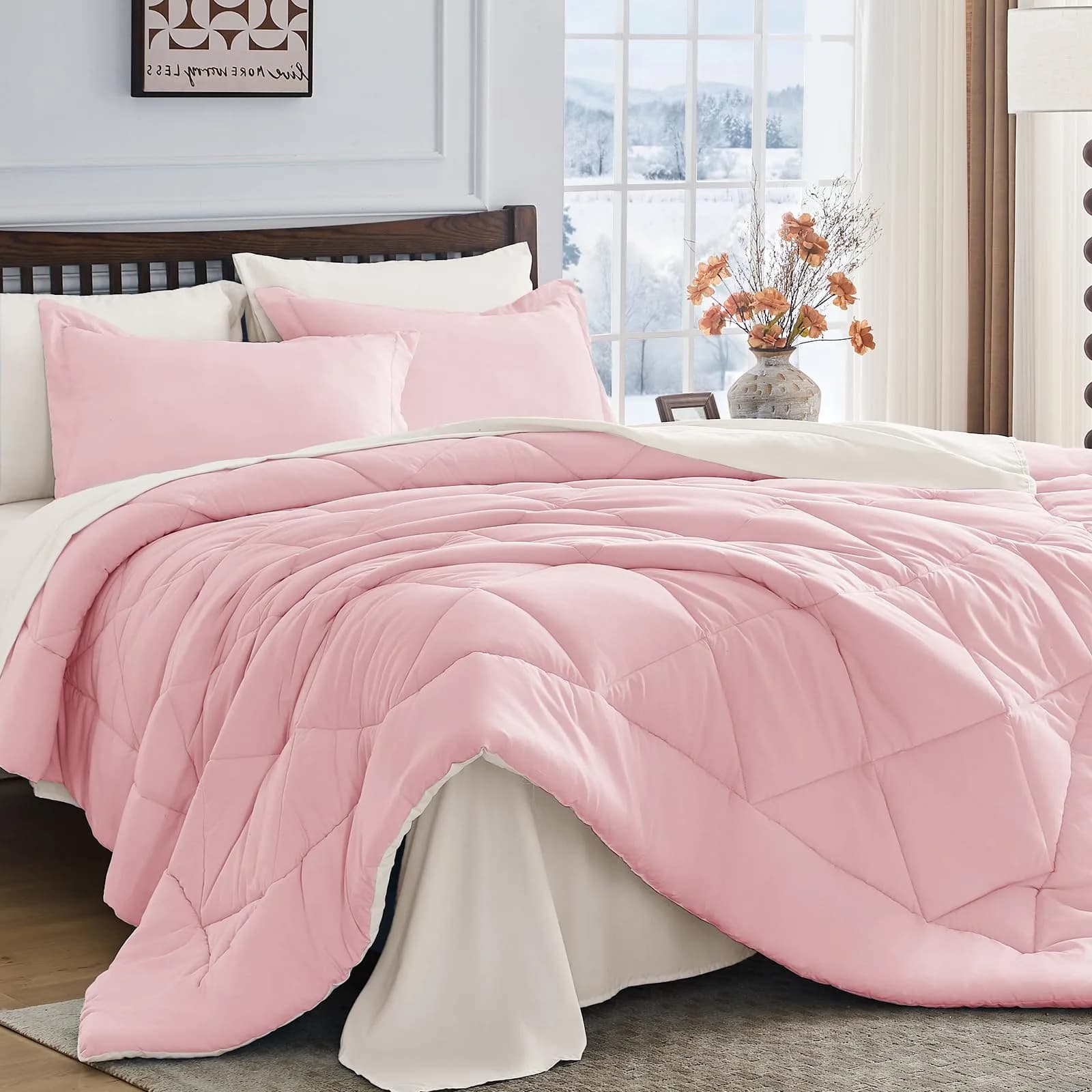 HEVUMYI King Comforter Set Pink & Ivory | Cloud-Soft Microfiber Bedding