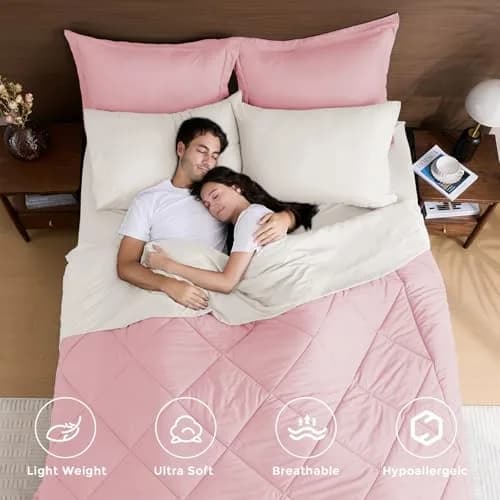 HEVUMYI King Comforter Set Pink & Ivory | Cloud-Soft Microfiber Bedding thumbnail 2