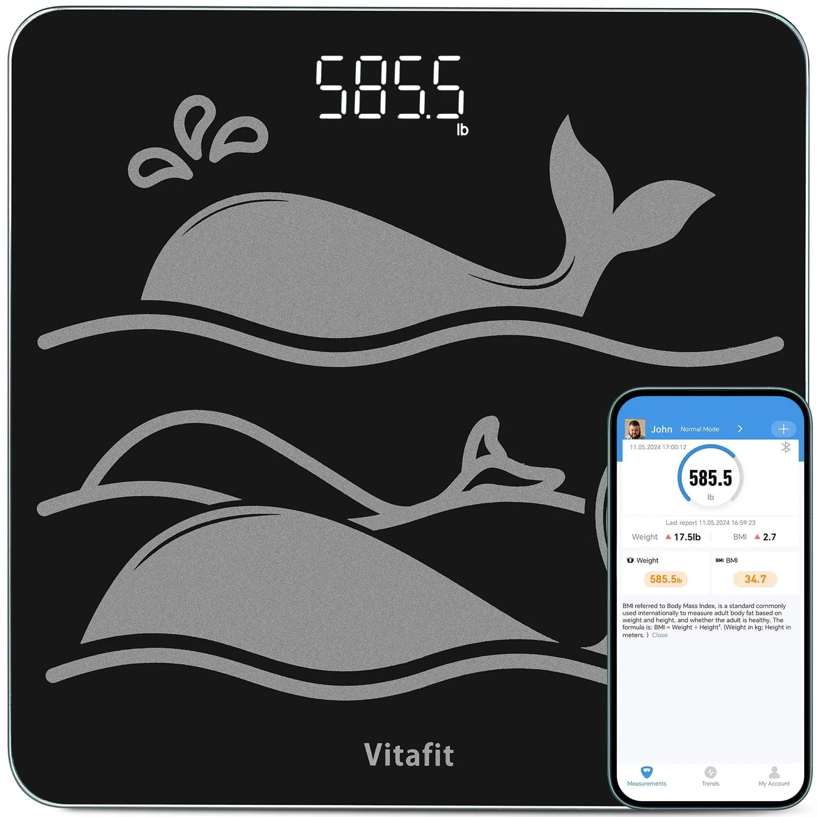 Vitafit Digital Body Weight Scale 182kg (400lb) | High Accuracy 0.1lb, LED Display, Tempered Glass — Smart Scale Black 600lb