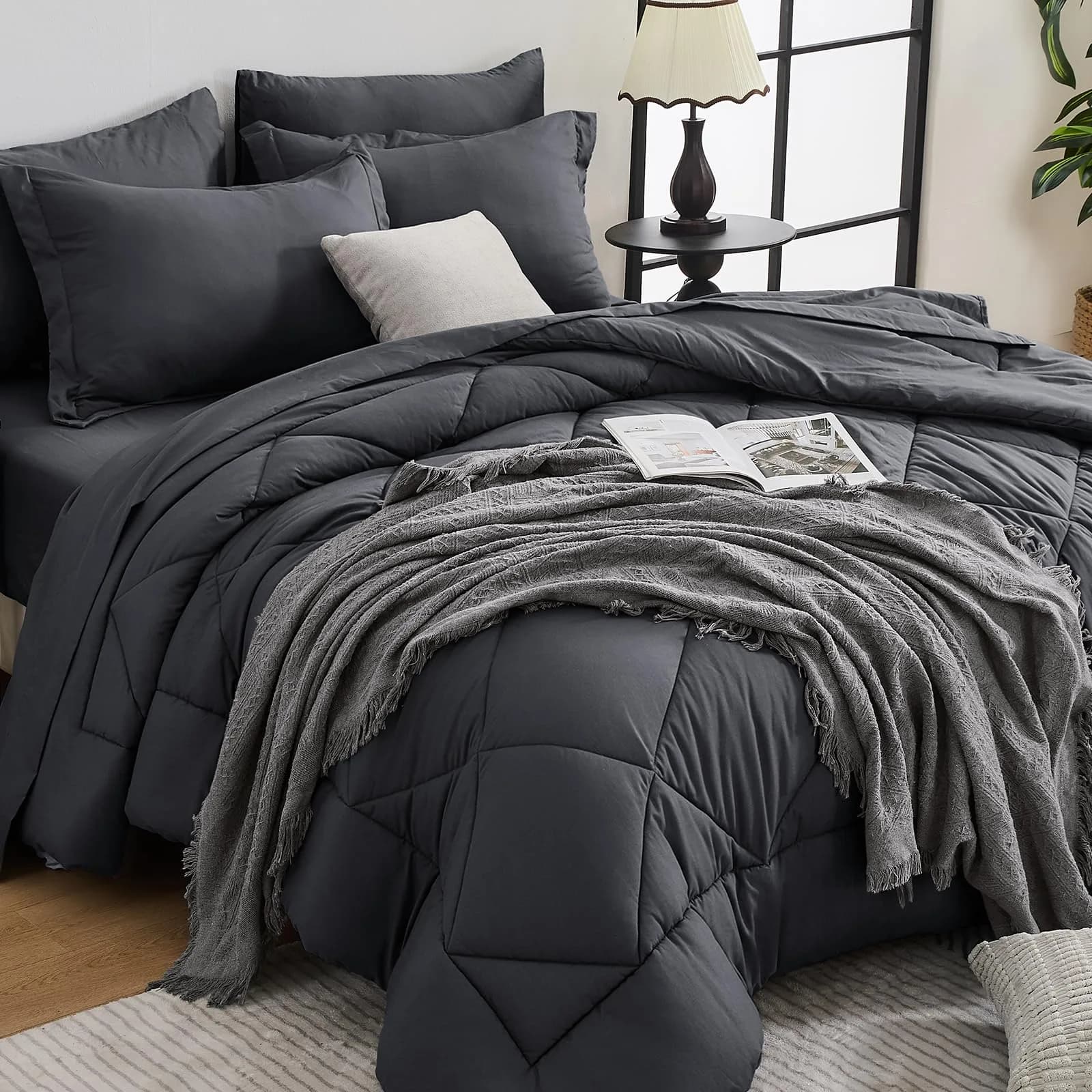 HEVUMYI 7-Piece Queen Comforter Set Dark Grey 224cm x 224cm | Cloud-Like Microfiber Bedding for All Seasons - main product image