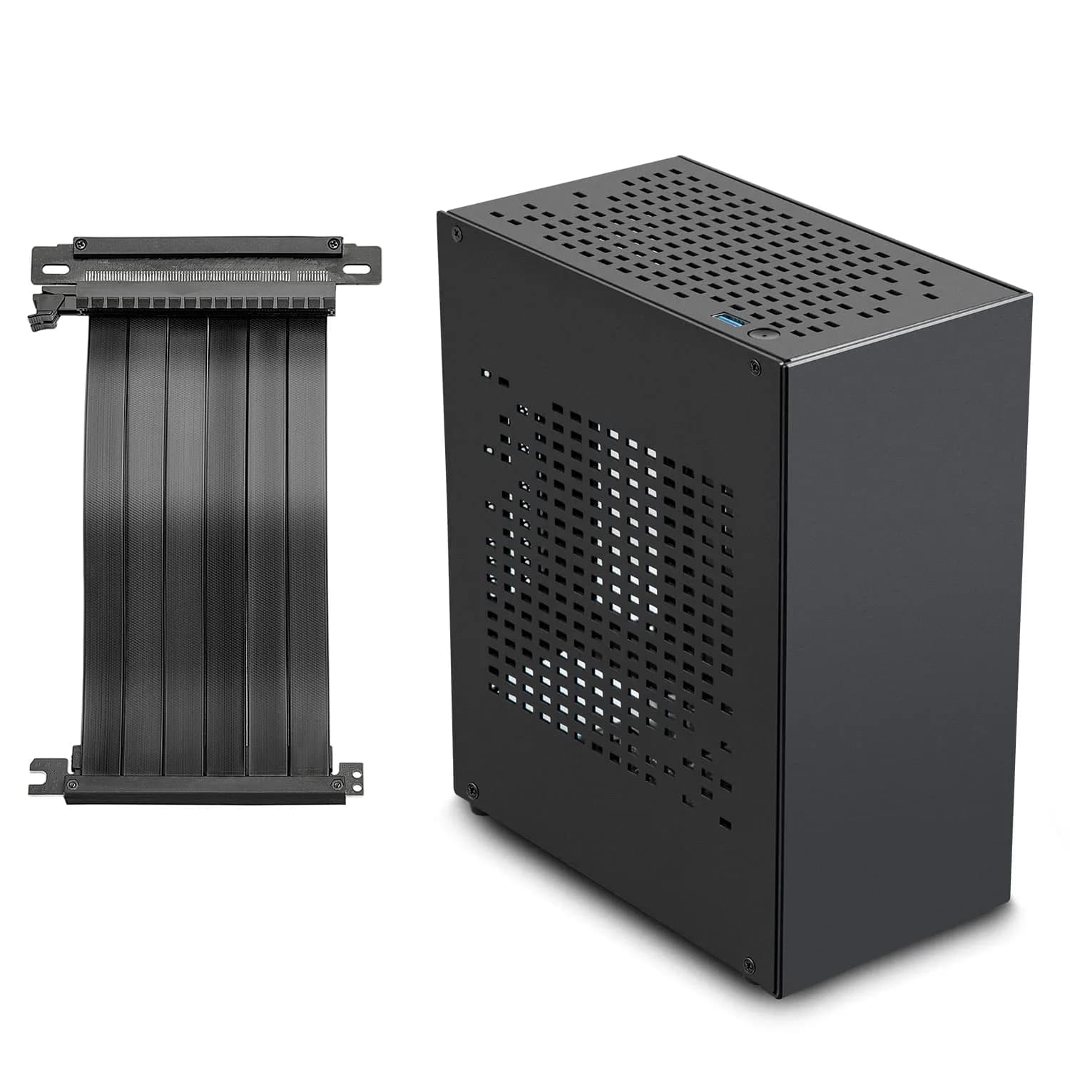 JOYJOM Aluminum Mini ITX Case with PCIe 3.0 Riser, Small Form Factor PC Case, Supports GPU & FLEX Power Supply, Black | Compact Gaming Chassis - main product image