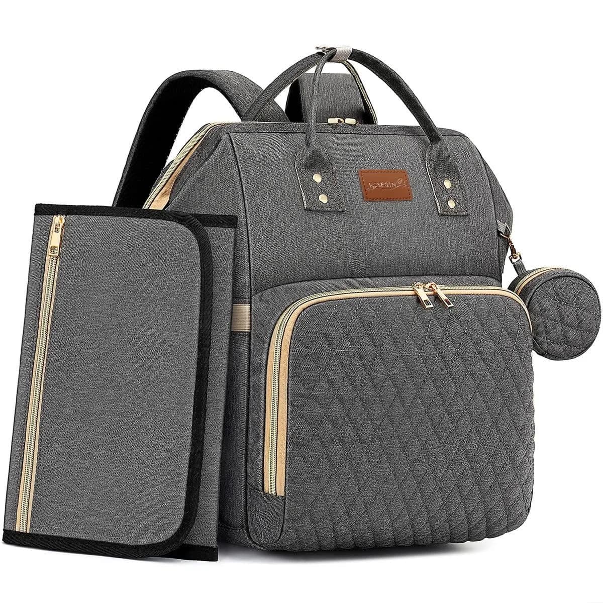 ROSEGIN Diaper Bag Backpack with Changing Pad & Pacifier Case, Large 35L Waterproof Travel Quilted Baby Bag for Mom & Dad - Black — Dark Grey