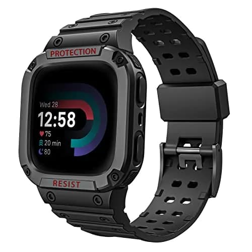FINTIE Rugged Band with Case for Fitbit Versa 4/3/2/1/Lite & Sense 2, Black, 165mm-245mm (6.5-9.5 inch) thumbnail 1