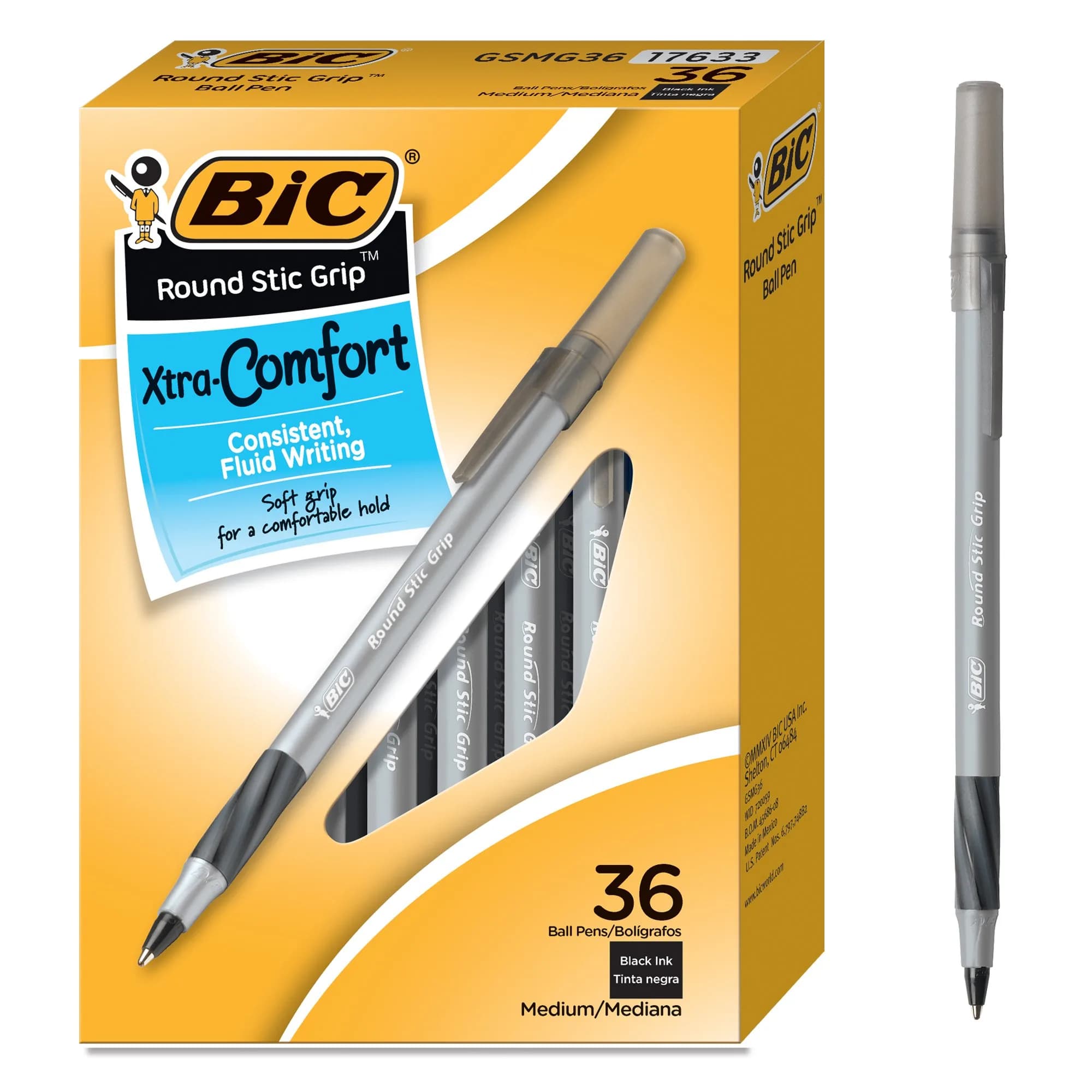 BIC Round Stic Grip Xtra Comfort Ballpoint Pens, Black and Blue Ink, 36-Count | Smooth Ink Flow — Black