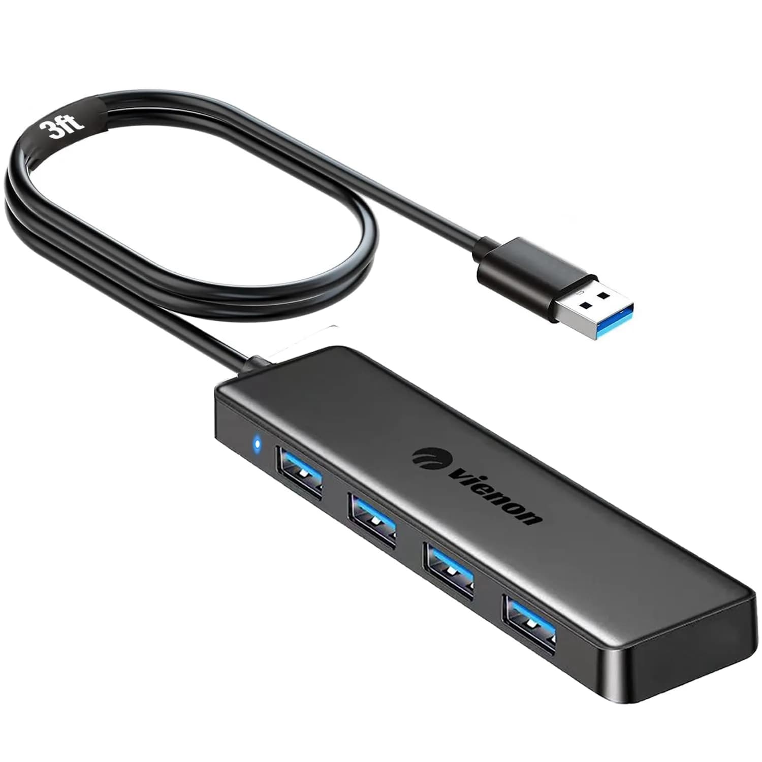 VIENON 4-Port USB 3.0 Hub with 3.3ft Cable, Black | Expands Connectivity for Laptops, Consoles, and Peripherals