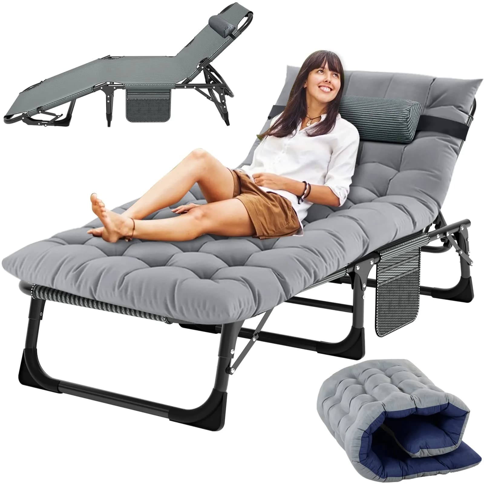 Slsy Folding Camping Cot for Adults, Adjustable Camping Bed with Pad | 5-Position Reclining, Heavy-Duty Support, Portable & Multi-Purpose