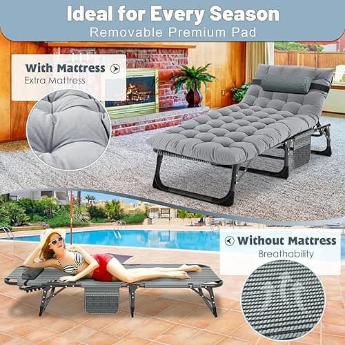 Slsy Folding Camping Cot for Adults, Adjustable Camping Bed with Pad | 5-Position Reclining, Heavy-Duty Support, Portable & Multi-Purpose thumbnail 5