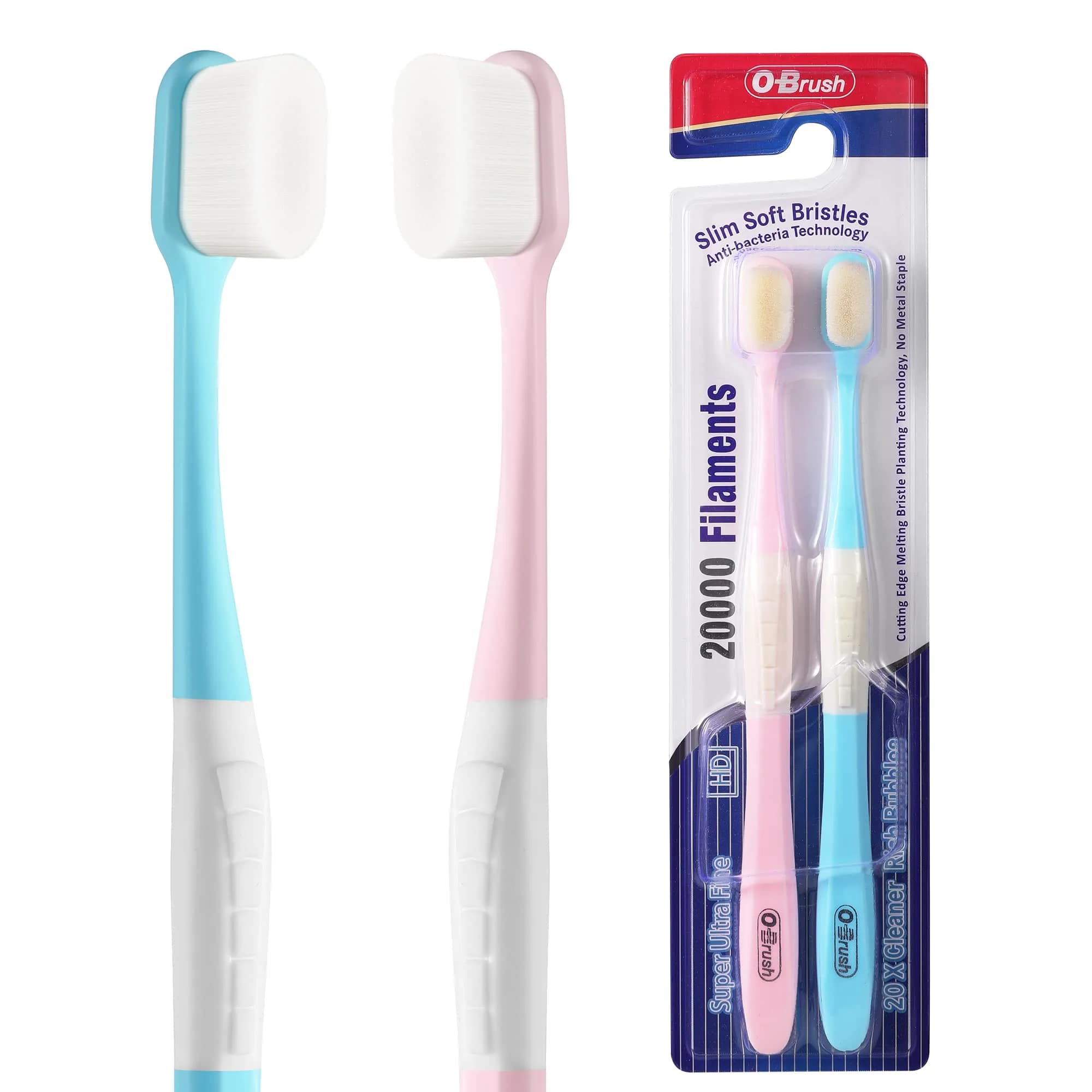 OB rush Ultra Soft Toothbrush for Sensitive Gums | 20k Nano Floss Bristles, 2 Pack, Black & White — Blue Pink