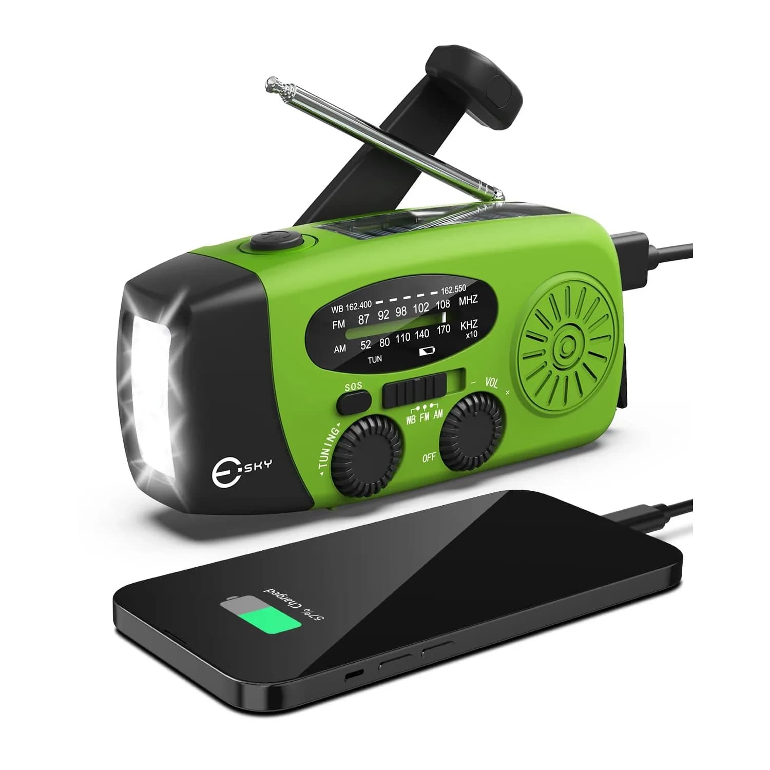 Esky Emergency Hand Crank Radio Green 250g (8.8 oz) | AM/FM/NOAA Weather Alerts with SOS Alarm