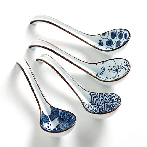 Hoilse Ceramic Asian Soup Spoons Set of 4 | Elegant Blue & White Porcelain for Ramen, Pho, Dumplings thumbnail 1