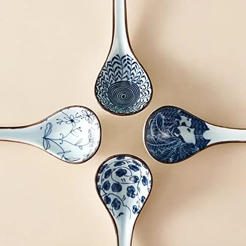 Hoilse Ceramic Asian Soup Spoons Set of 4 | Elegant Blue & White Porcelain for Ramen, Pho, Dumplings thumbnail 8