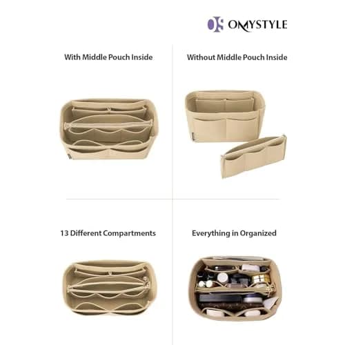 OMYSTYLE Beige Mini Felt Organizer Insert | Lightweight Tote Bag Organizer with 13 Pockets for Handbags thumbnail 4