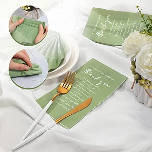Fumete Thank You Wedding Napkins 3 Ply Sage Green | Elegant Disposable Cocktail Napkins for Weddings & Events thumbnail 4