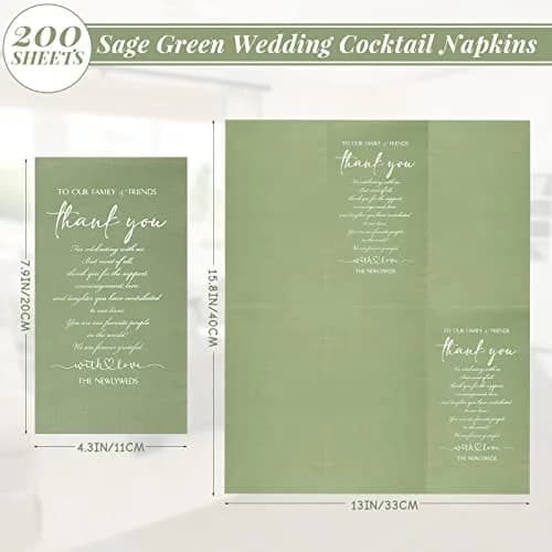 Fumete Thank You Wedding Napkins 3 Ply Sage Green | Elegant Disposable Cocktail Napkins for Weddings & Events thumbnail 2