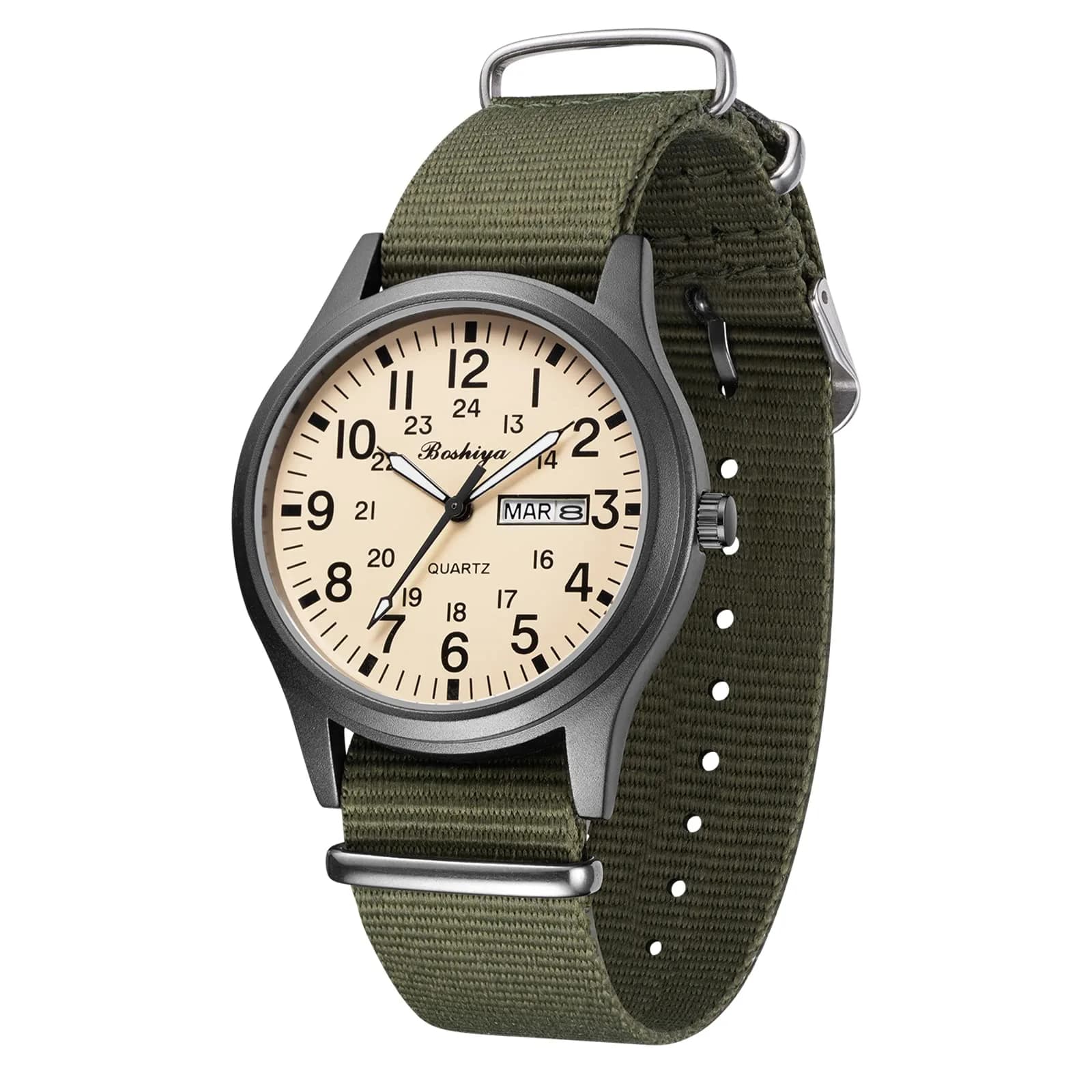 BOSHIYA Men's Military Quartz Watch 40mm (1.57 Inch) | Japanese Movement, Date Display, Waterproof Nylon Strap — White-02