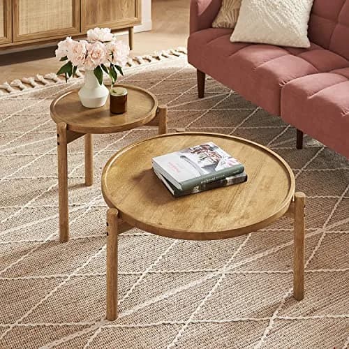 mopio Dylan Solid Wood Nesting Coffee Table Set (Mango Wood Oak, Round) | Modern Rustic Farmhouse Style thumbnail 1