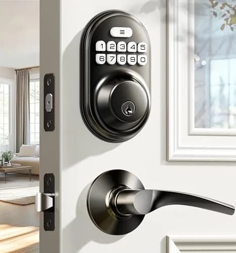 Veise RZ-C Keyless Entry Door Lock with 2 Lever Handles | Matte Black, Auto Lock & Anti-Peeping thumbnail 1