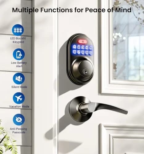 Veise RZ-C Keyless Entry Door Lock with 2 Lever Handles | Matte Black, Auto Lock & Anti-Peeping thumbnail 4