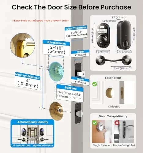 Veise RZ-C Keyless Entry Door Lock with 2 Lever Handles | Matte Black, Auto Lock & Anti-Peeping thumbnail 6