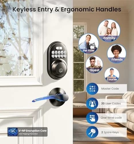 Veise RZ-C Keyless Entry Door Lock with 2 Lever Handles | Matte Black, Auto Lock & Anti-Peeping thumbnail 2