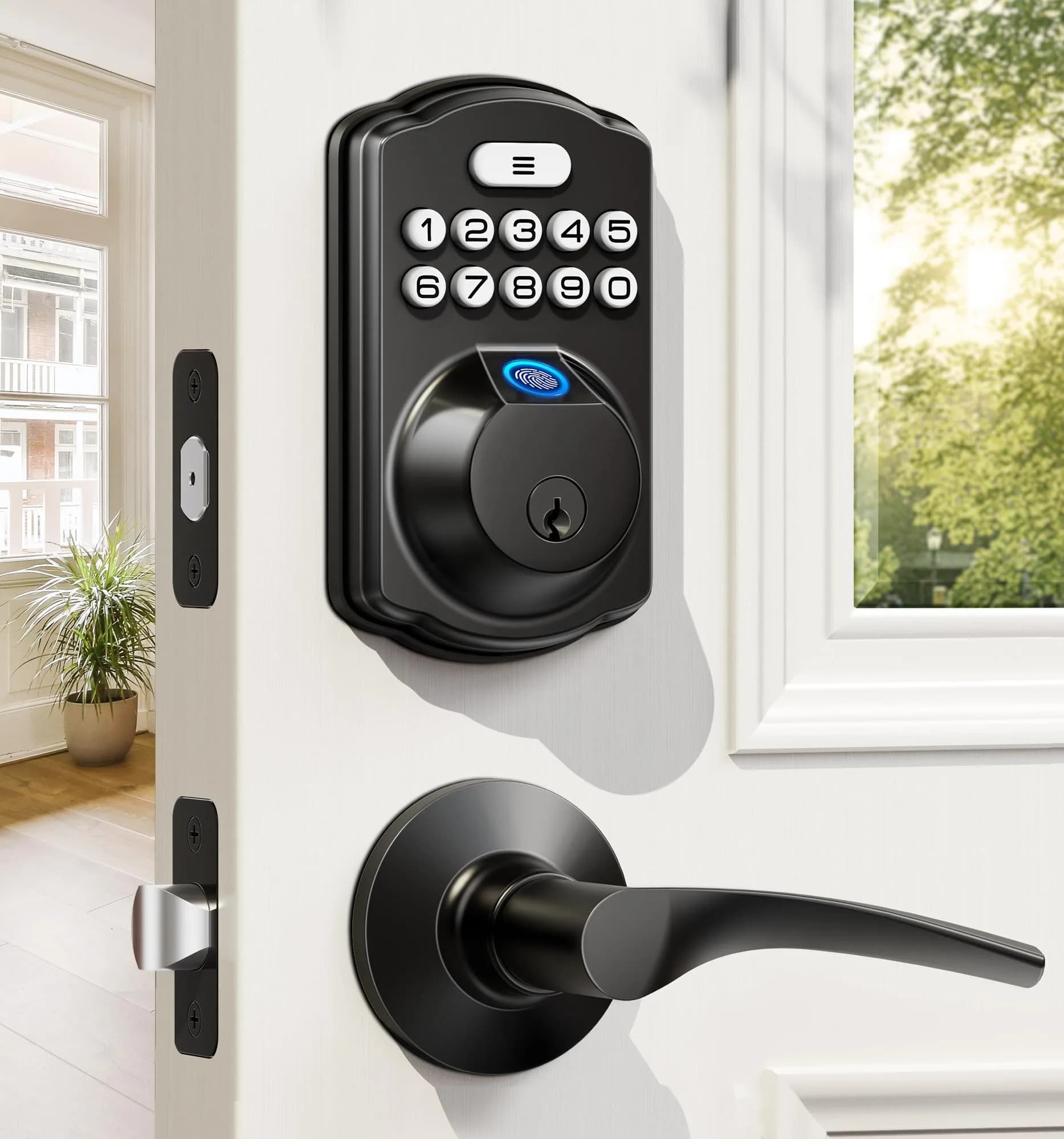 Veise KS02B Fingerprint Door Lock with 2 Lever Handles | Biometric, Keyless, Matte Black - main product image