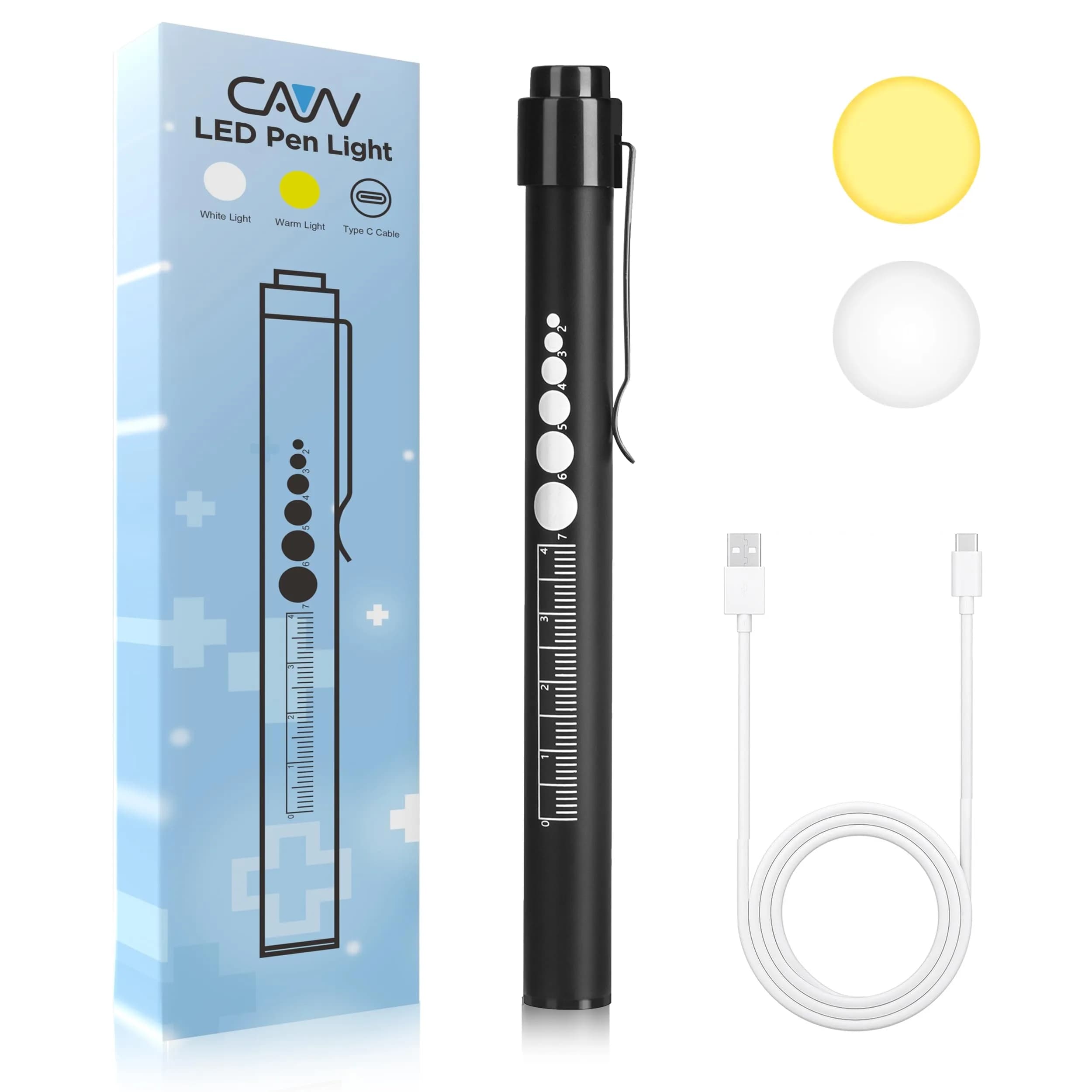 CAVN Rechargeable Pen Light with Pupil Gauge & Ruler | Black 10cm (3.9in) - main product image