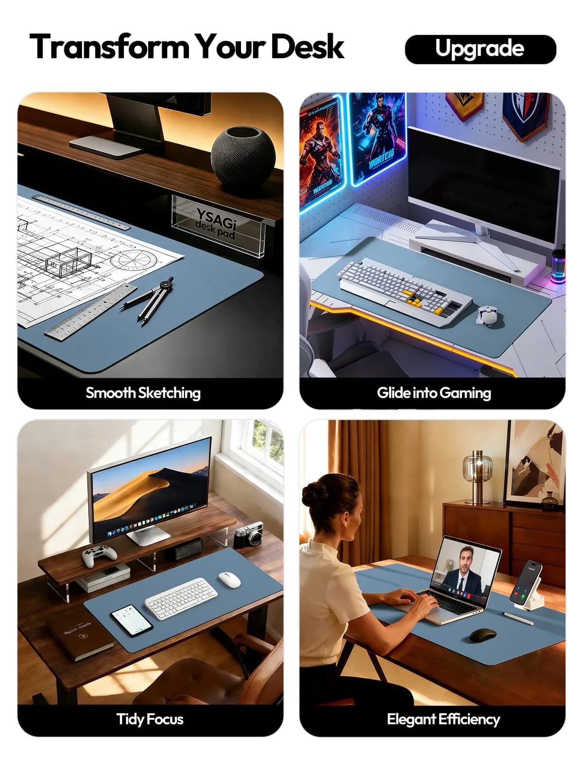 YSAGi Blue Desk Protector Mat Large Mouse Pad with Non-Slip PU Leather, Waterproof Writing Pad (23.6" x 13.8")