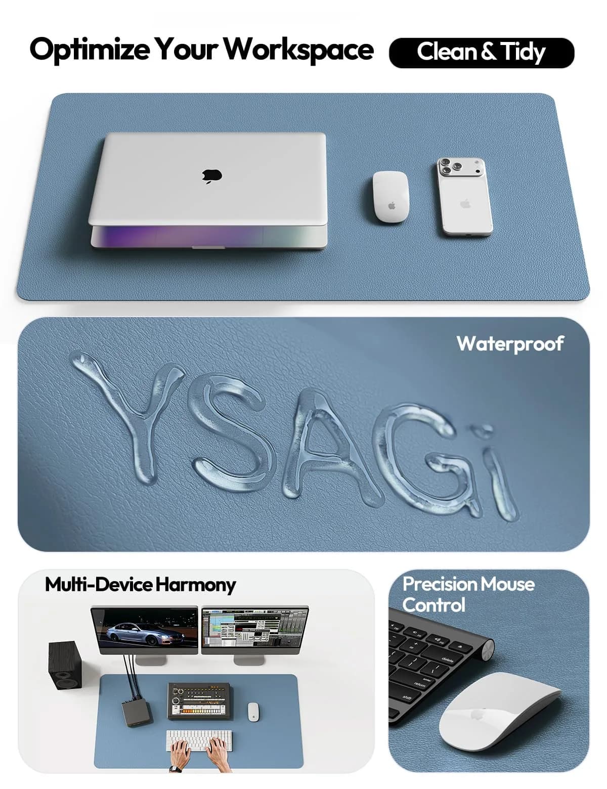 YSAGi Blue Desk Protector Mat Large Mouse Pad with Non-Slip PU Leather, Waterproof Writing Pad (23.6" x 13.8") thumbnail 7