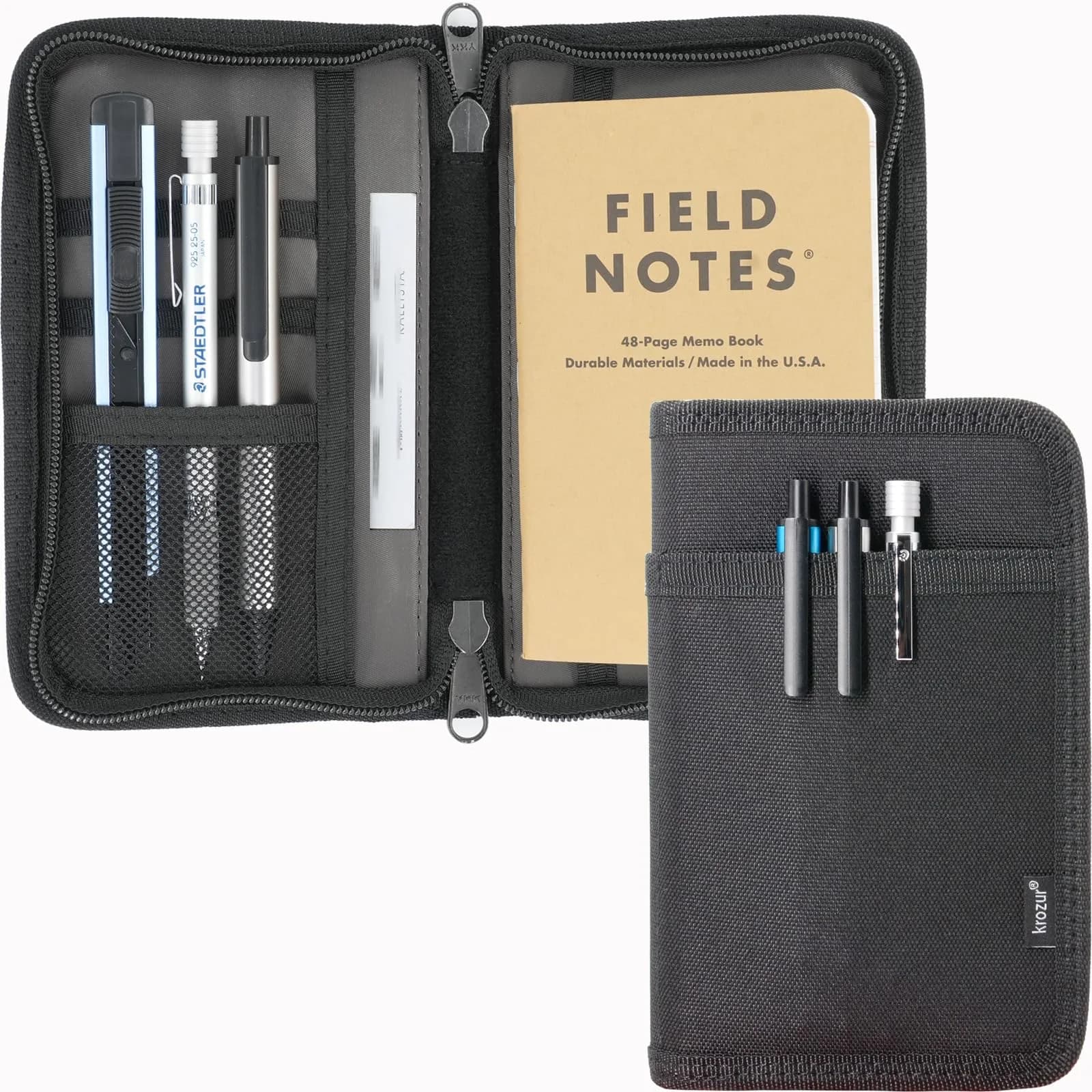 Krozur Field Notes Cover with YKK Zipper 3.5 x 5.5 Pocket Journal Cover Water Resistant - main product image