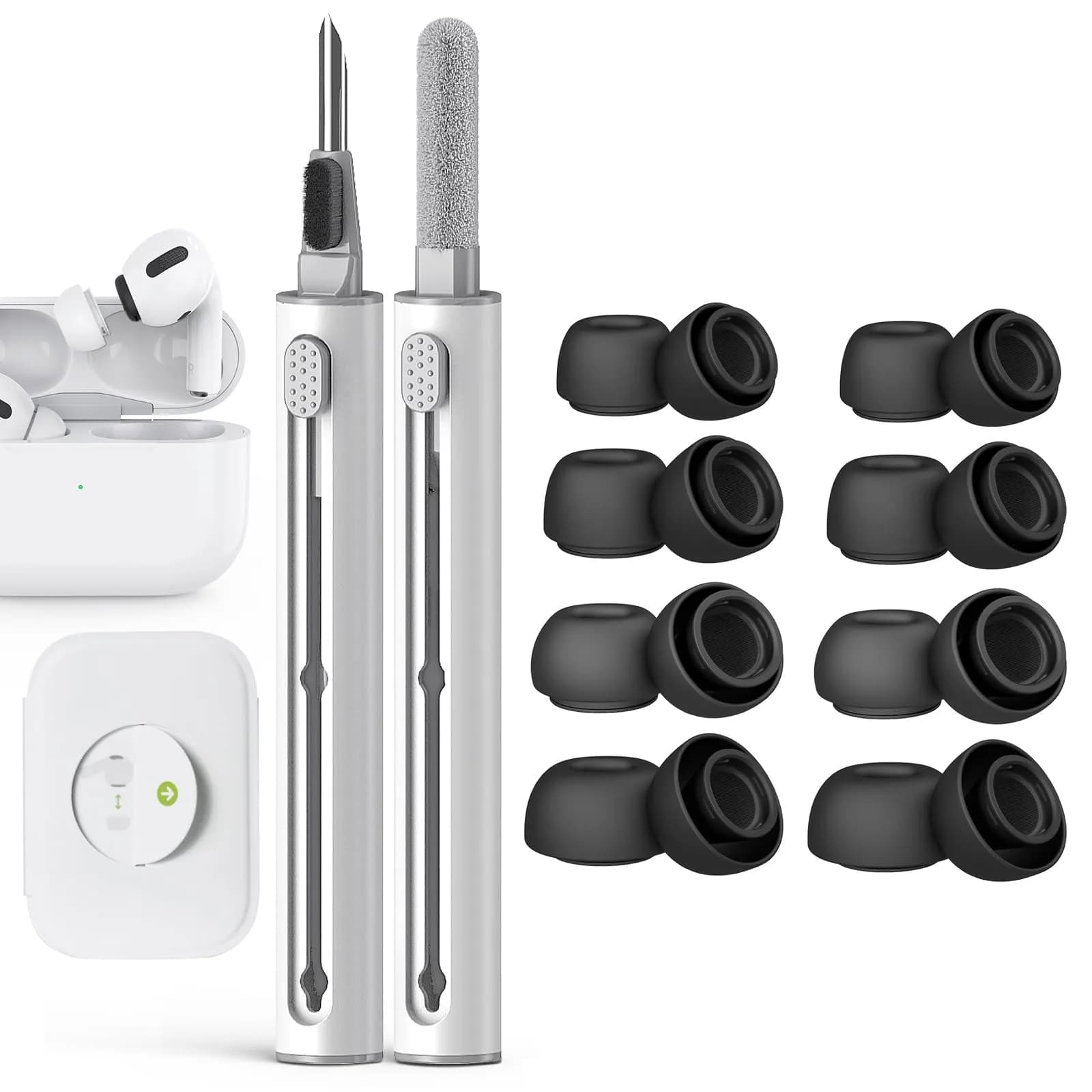 Pohgelan Replacement Ear Tips for AirPods Pro 2nd/1st Generation (XS/S/M/L, 8 Pairs Black) | Noise Reduction Holes & Dust Guard Screen