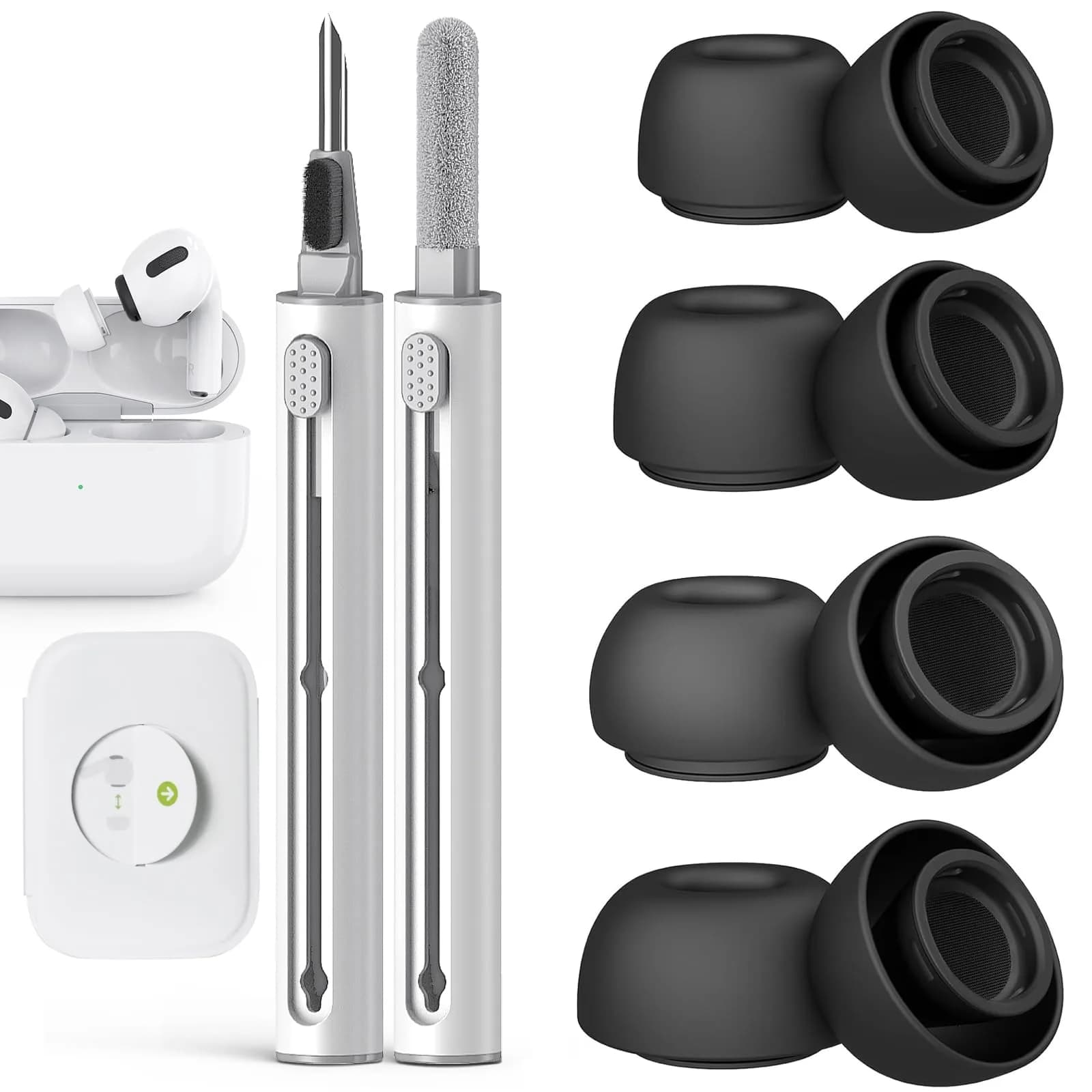 Pohgelan Black Replacement Ear Tips for AirPods Pro 2nd/1st Gen (XS/S/M/L) | Noise Reduction Holes & Dust Guard Screen